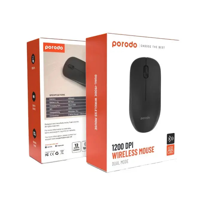 Porodo 2.4G Wireless and Bluetooth Rechargeable Mouse DPI 1200